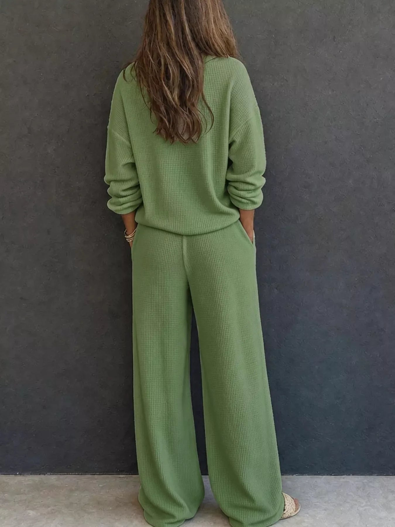 Waffle Knit Henley Top and Wide Leg Pants Set
