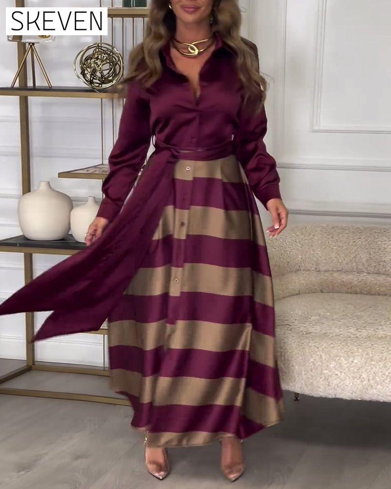 Elegant striped printed lapel strap dress 2024 f/w casual dresses spring