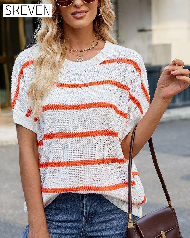 Striped Drop Shoulder Short Sleeve Sweater