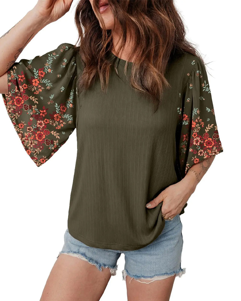 Round Neck Floral Flared Sleeve T-Shirt