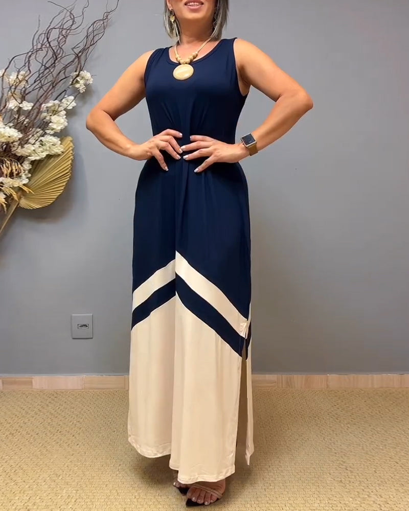 Sleeveless Contrast Color Slit Long Dress