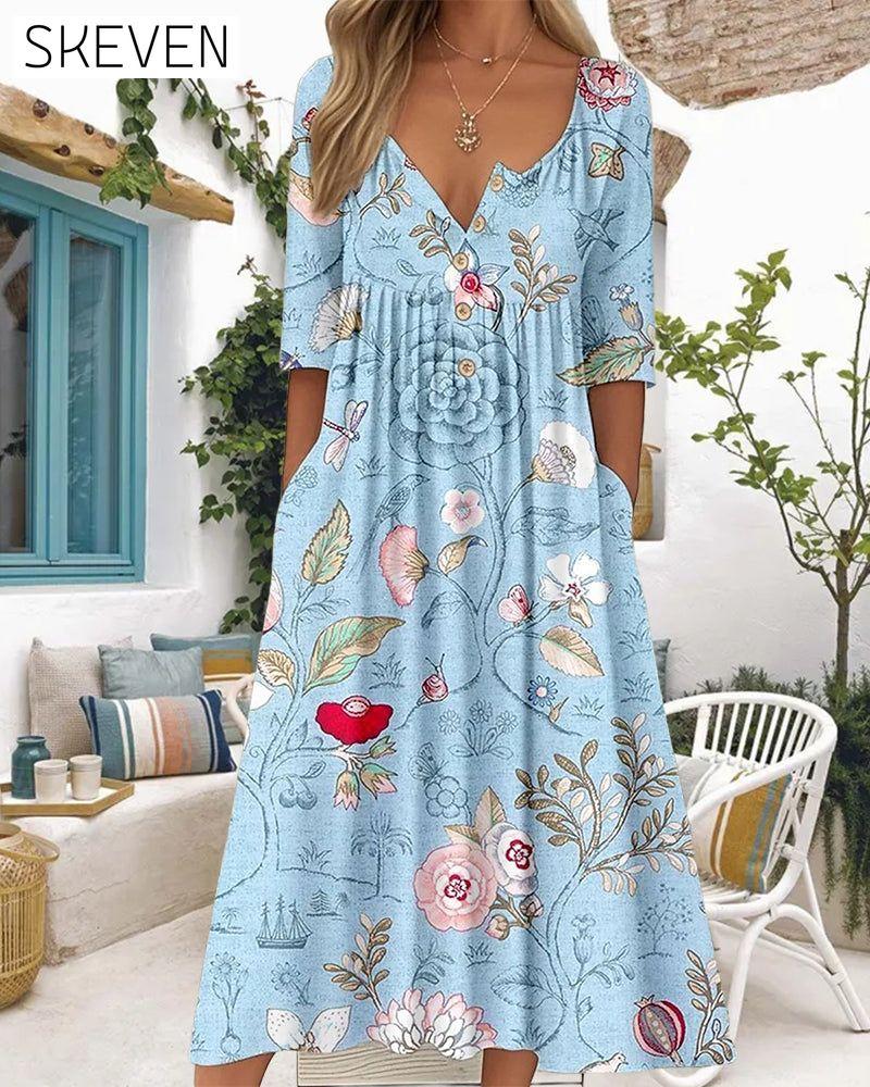 Half-Sleeve Printed Pleated A-Line Dress