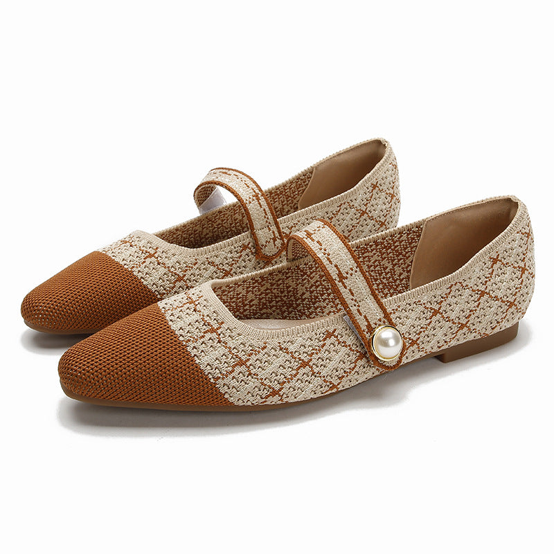 Mary Jane Japanese-style Womens Knit Ballet Flats With A Single Strap And A Square Toe