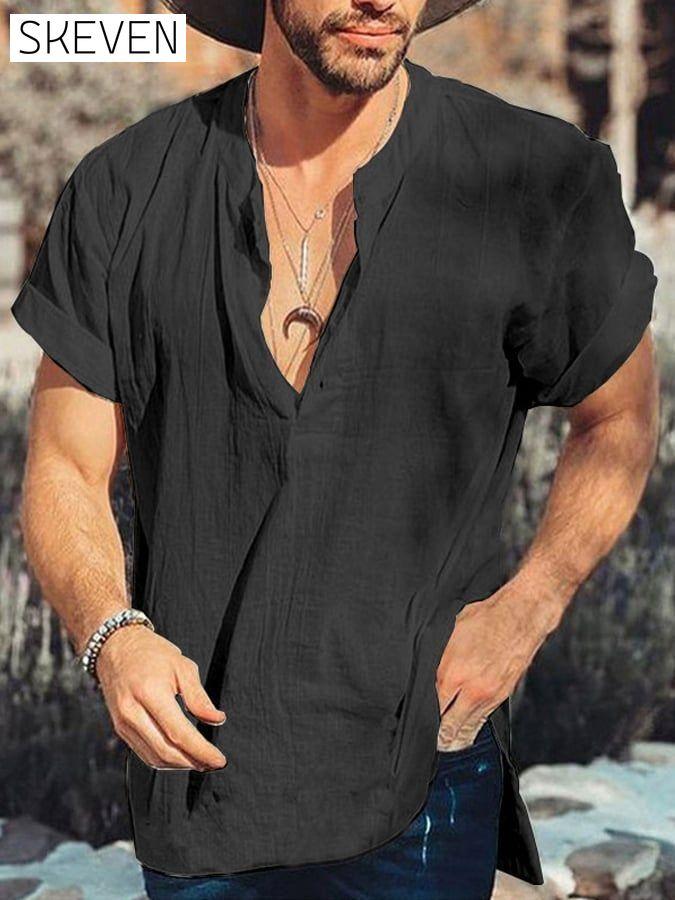 Men's Casual Solid Color Short Sleeve Shirt men s linens