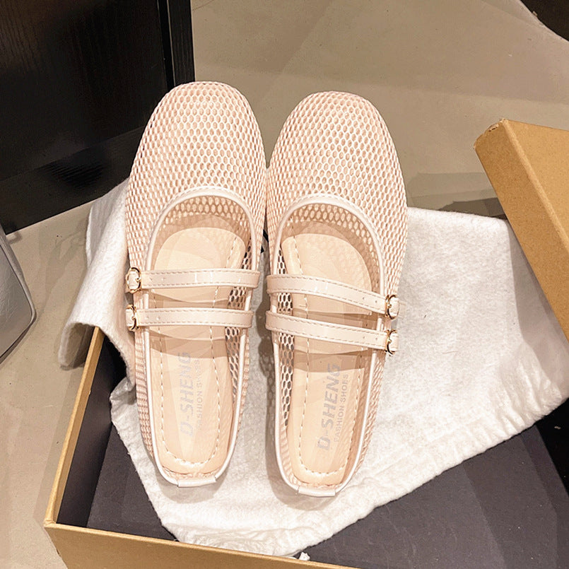 Mary Jane Round-toe Peep-toe Flat-heeled Buckle Sandals