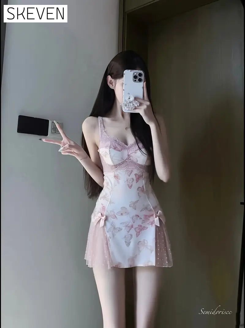 Women's Slim Fit Low V Lace-Up Butterfly Print Camisole Nightgown with Bralette and Backless Loungewear Set
