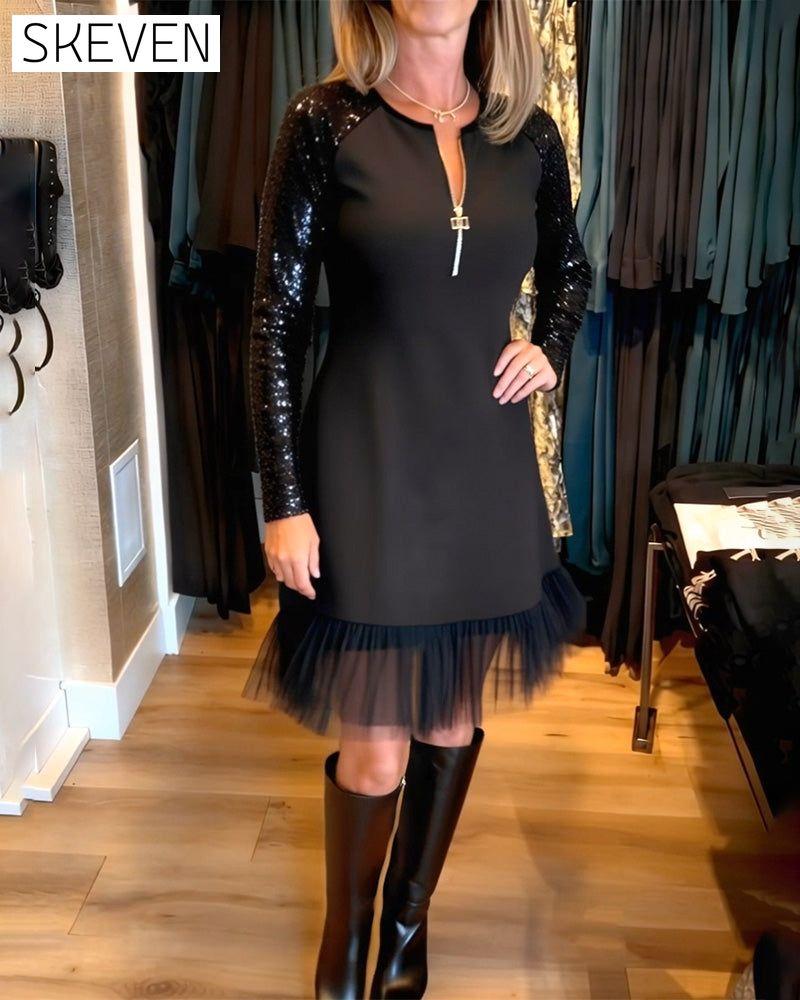 Modisches Paillettenkleid mit Reißverschluss und Patchwork-Details