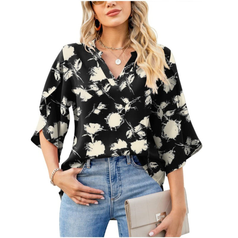 Women's Loose V-neck Petal Chiffon Top