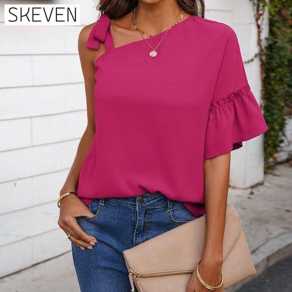 Women's fashion diagonal collar Ruffle Sleeve Chiffon Top clothes off the shoulder shirt shirt shirts short sleeve short sleeve shirt short sleeve top tops Tops/Blouses
