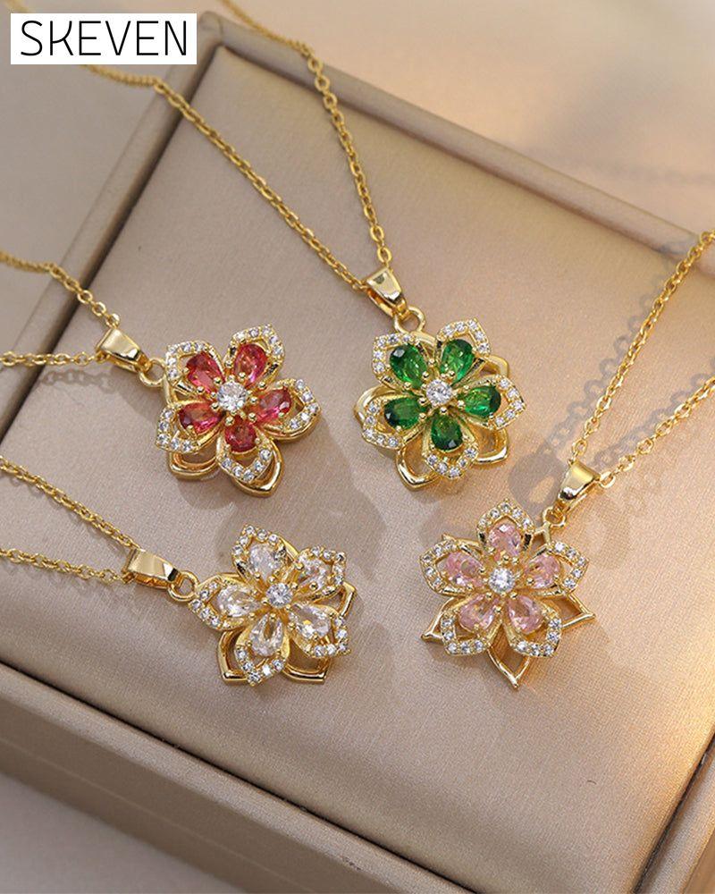 Five-petal flower 360° rotating pendant necklace