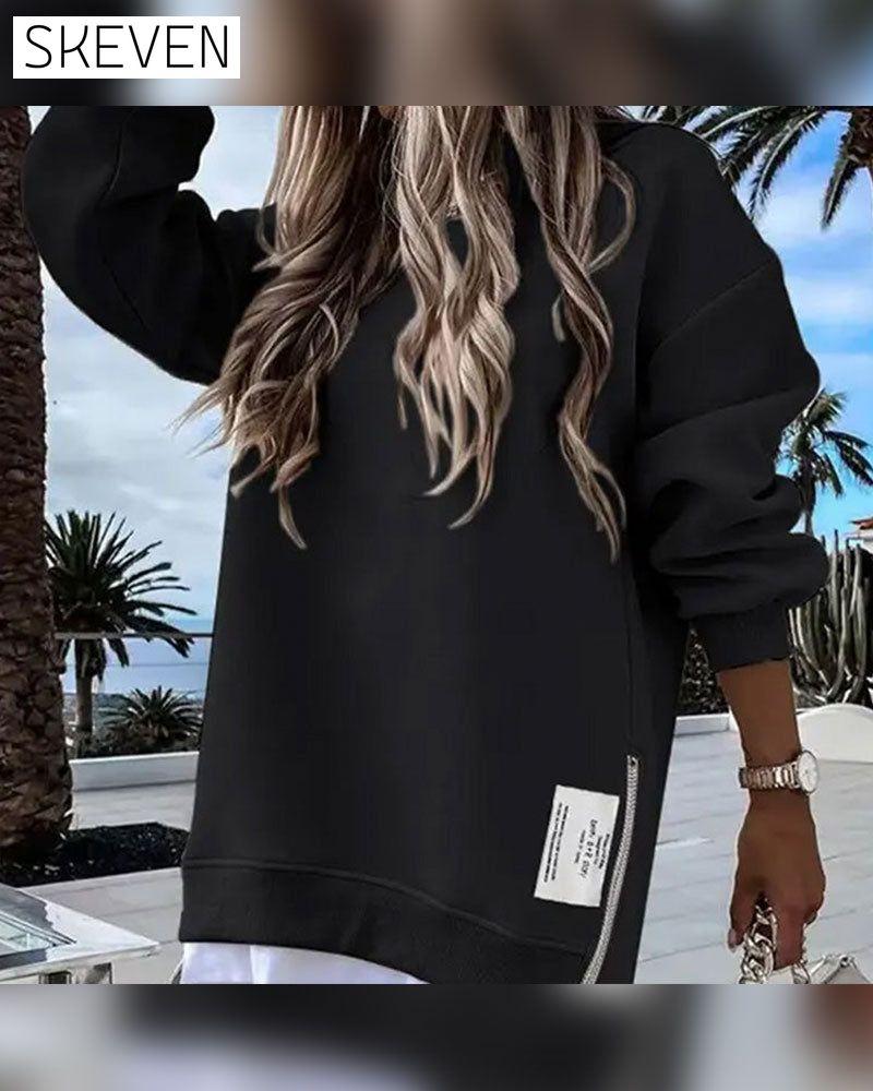 Long Sleeve Pullover Zipper Slit Casual Sweatshirt Dress