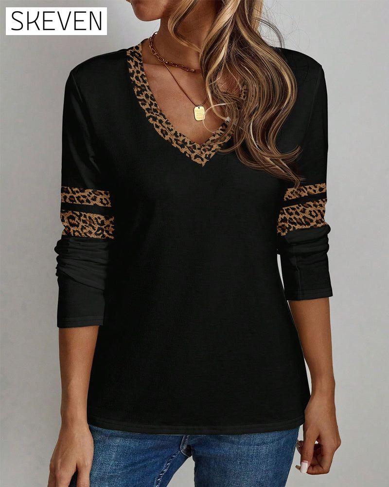 V-Neck Leopard Print Color-Block Top