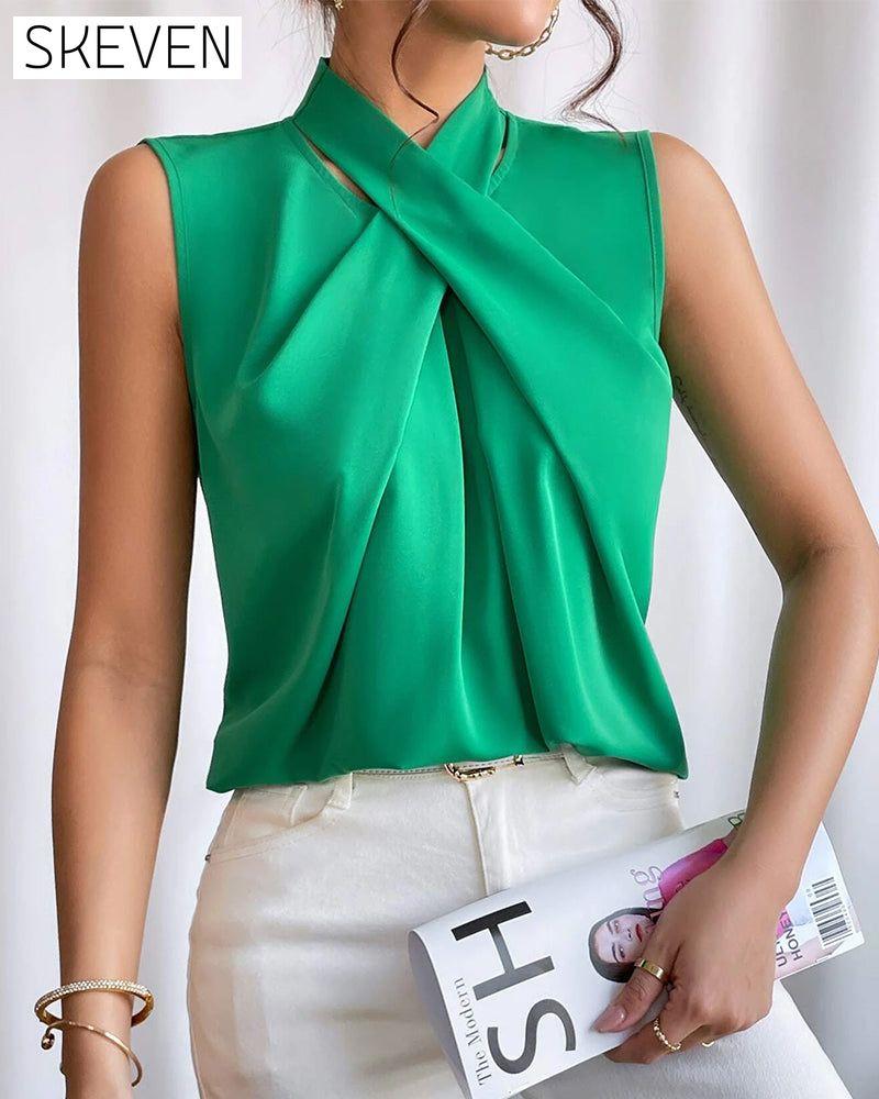 Cross Neck Solid Color Pleated Top