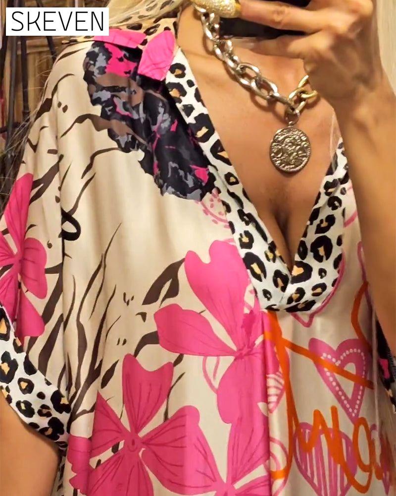 Casual leopard and colorful print deep V dress casual dresses spring summer