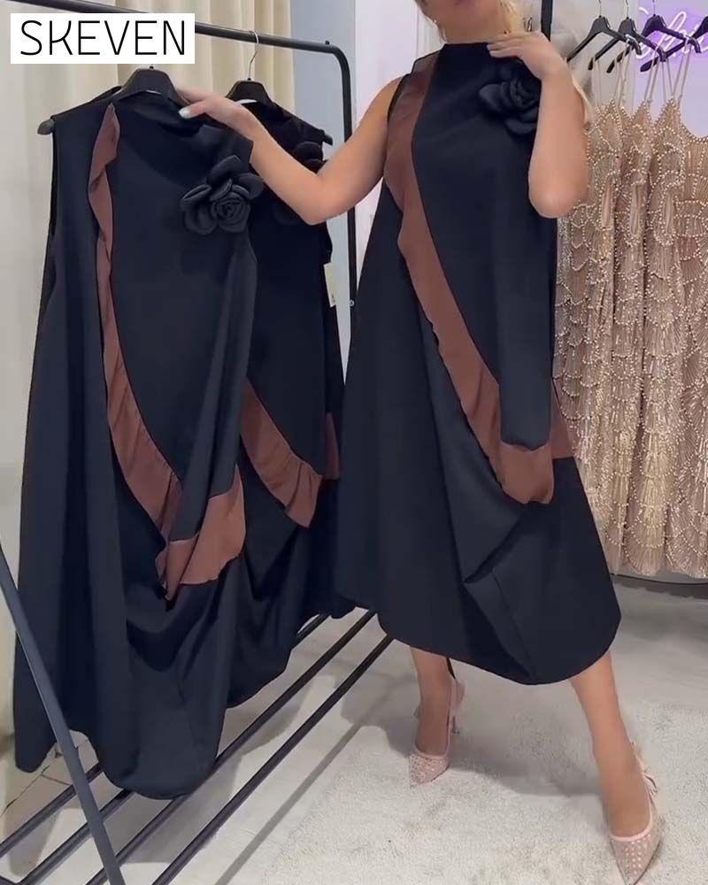 Ärmelloses Kleid mit 3D-Blütenblatt-Rüschen und Farbblock-Design