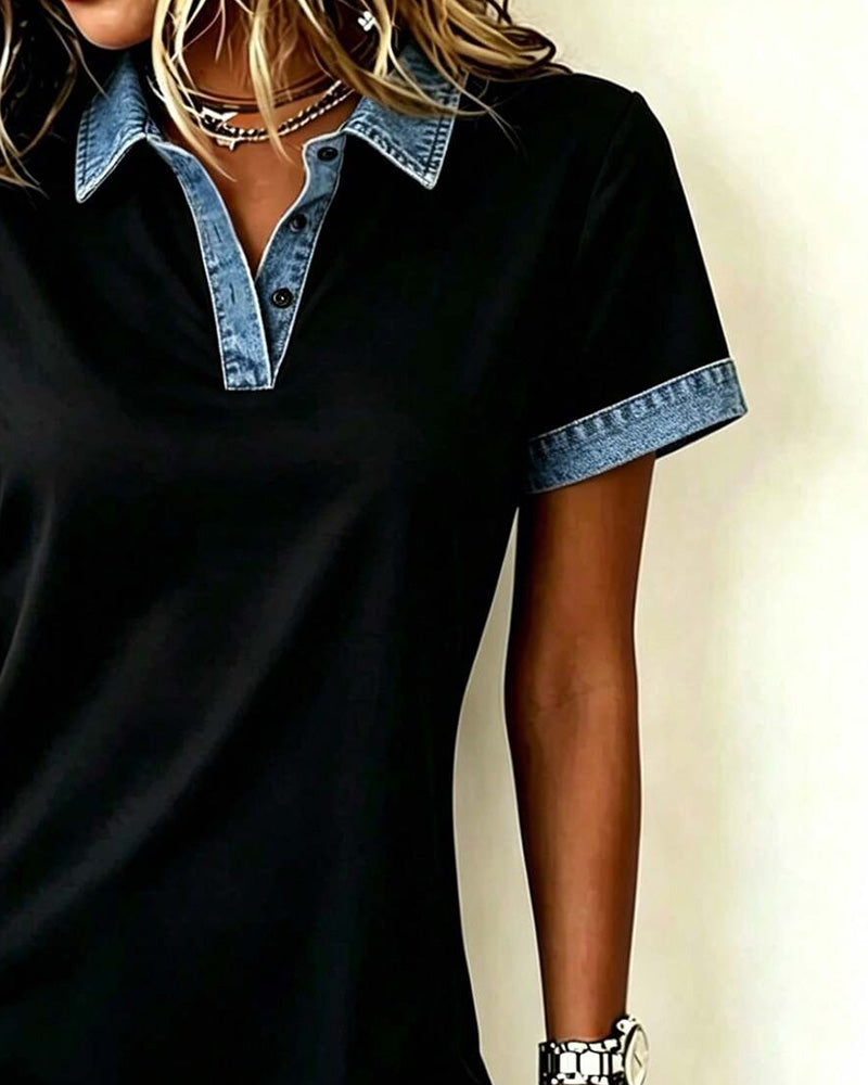 Denim Paneled Color Block Straight Dress