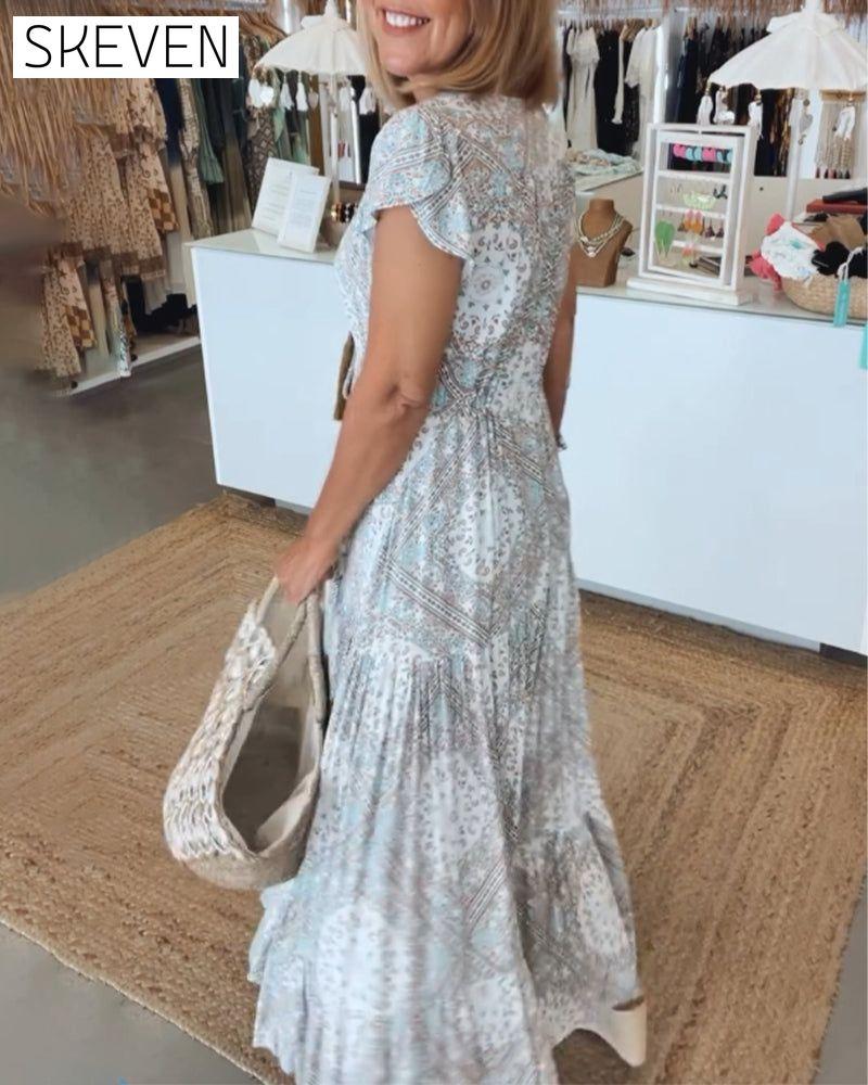 Vacation print V-neck split sleeve dress