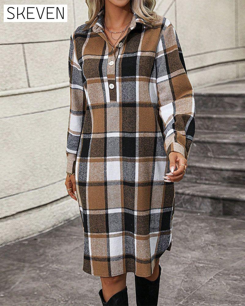 Plaid Lapel Shift Dress