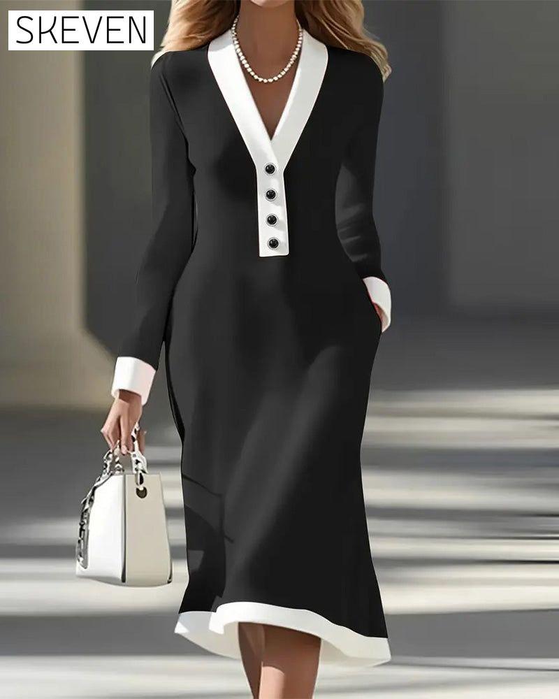 Robe élégante à manches longues et couleurs contrastées