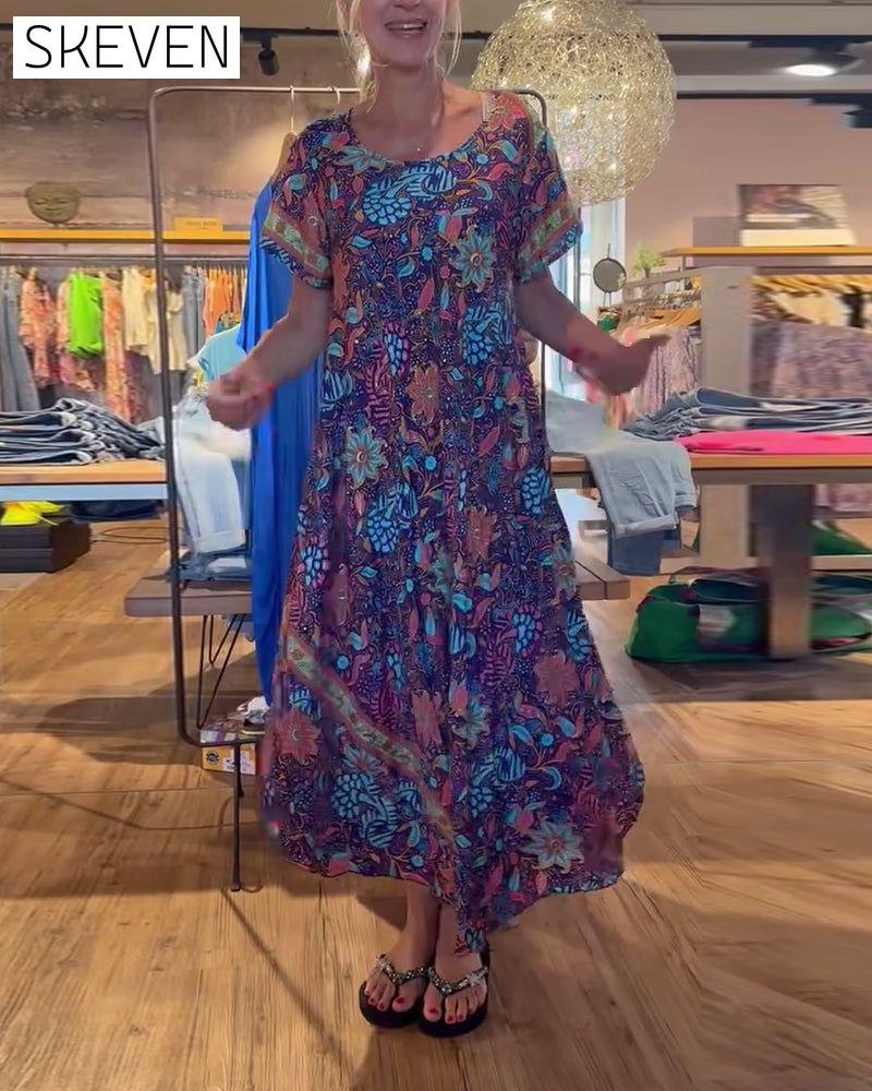 robe longue imprimée à manches courtes et col rond