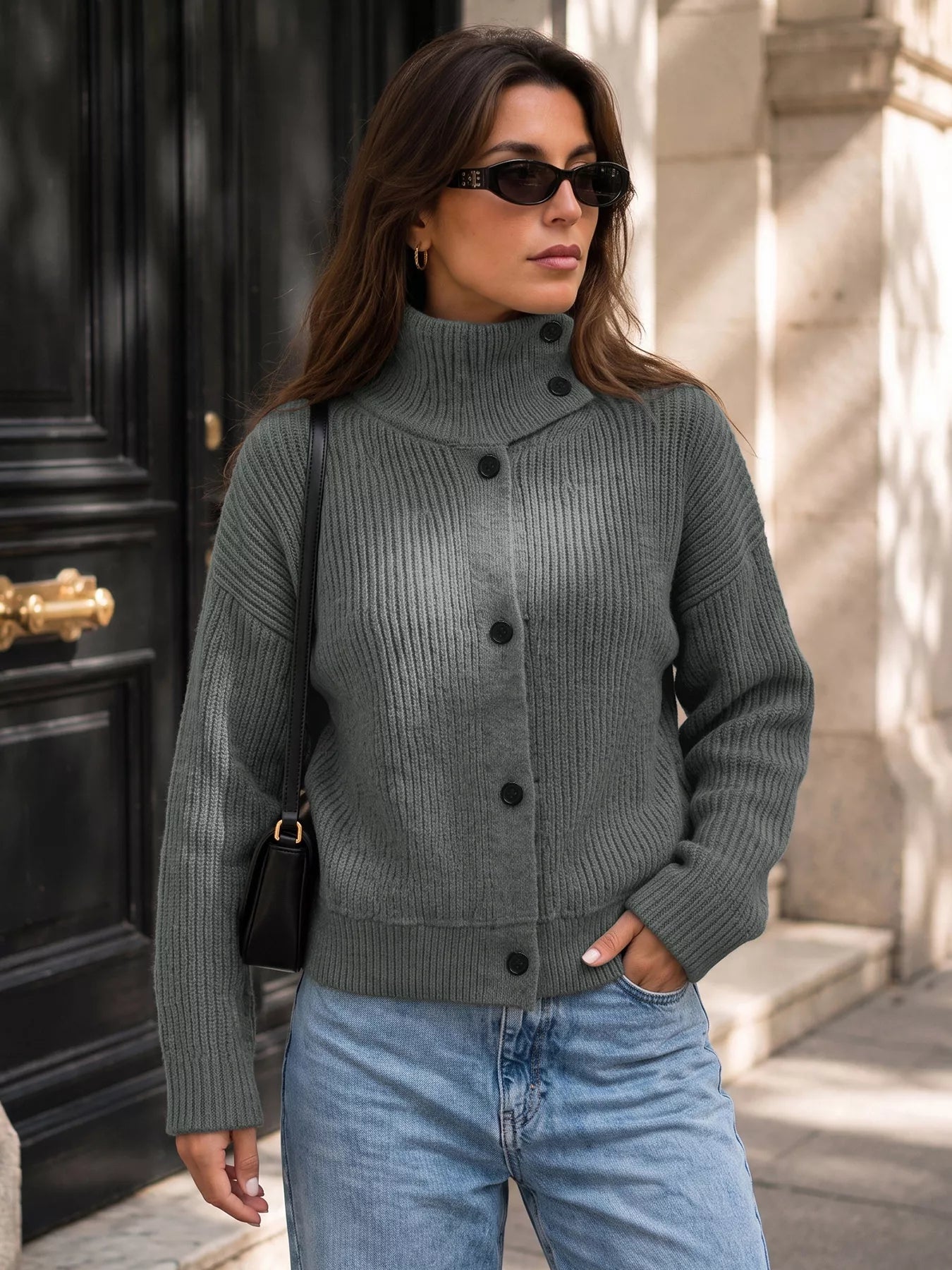 Turtleneck Button-Down Cardigan