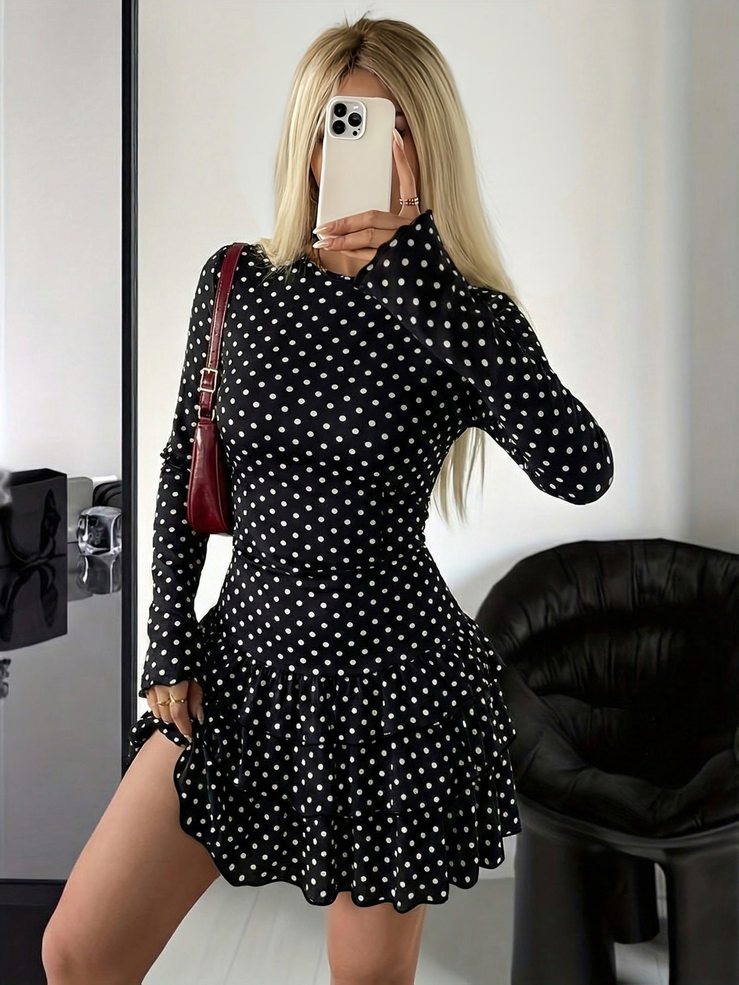 Round-neck Ruffled Long-sleeve Slim-fit Dress