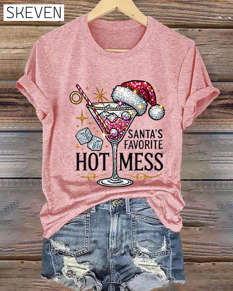 Women's Christmas Santa's Favorite Hot Mess Printed Crew Neck T-Shirt 2024 f/w christmas spring summer t-shirts
