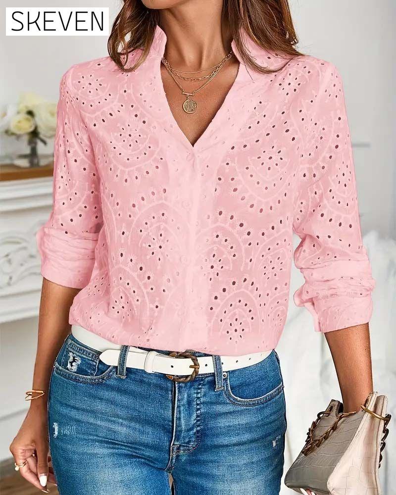 V-neck hollow solid color elegant top