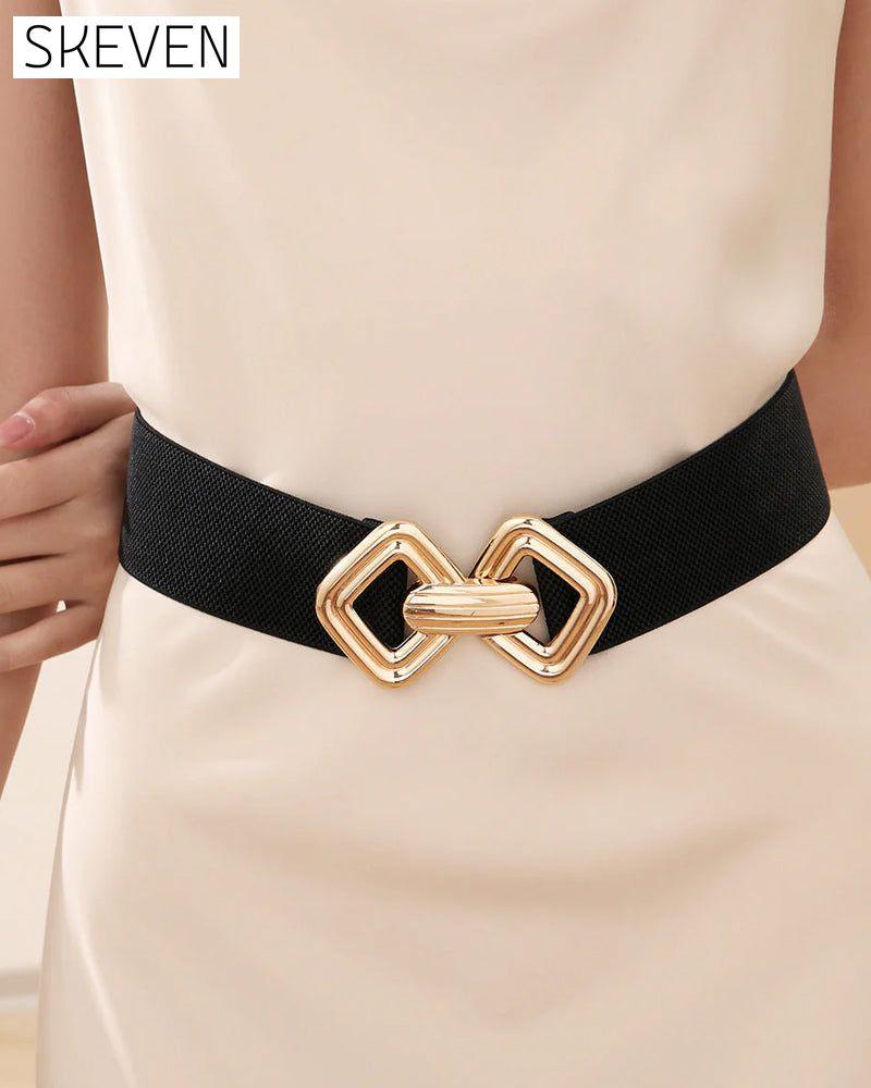 Ceinture vintage en cuir élastique avec boucle dorée pour femme