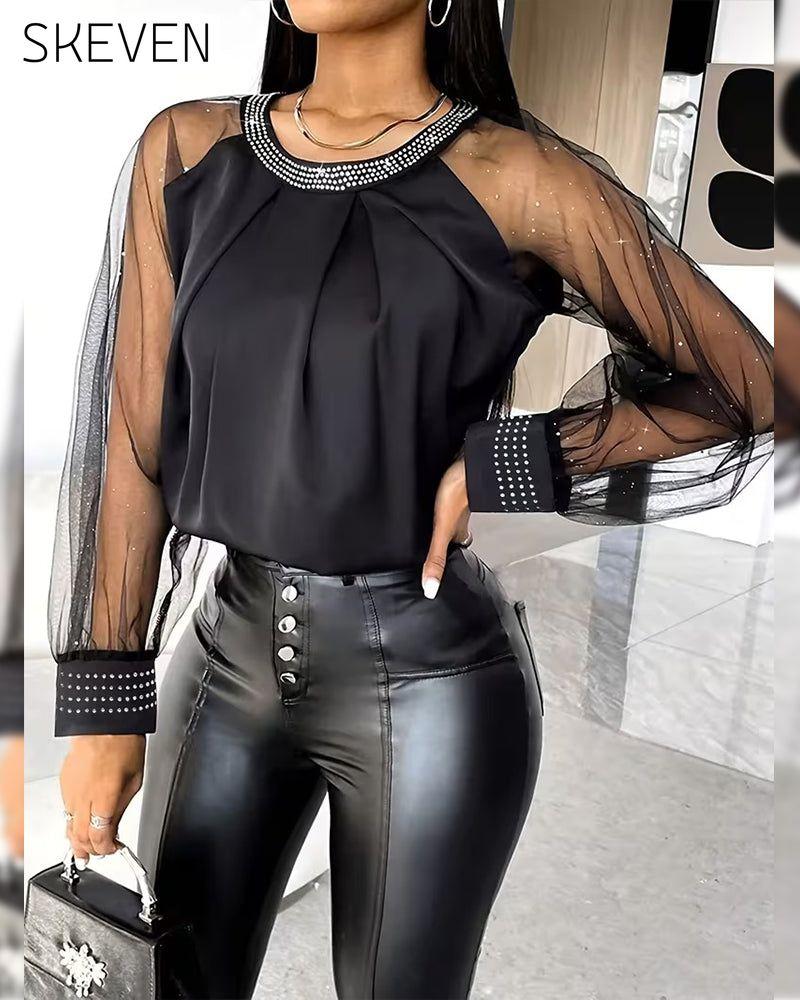Modische, langärmelige Bluse aus Strass-Mesh