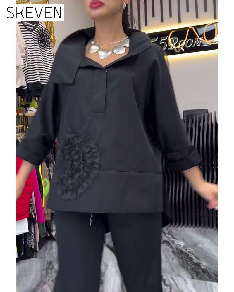 Lapel lace stitching flower blouse