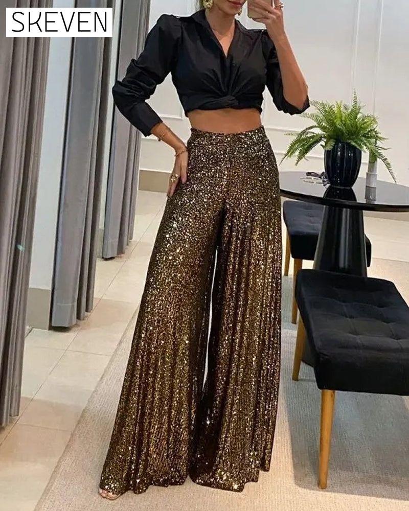 High-waist sequined wide-leg pants