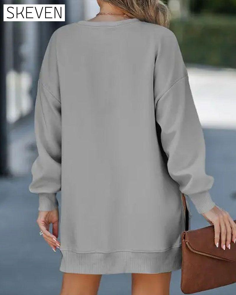 Long Sleeve Pullover Zipper Slit Casual Sweatshirt Dress