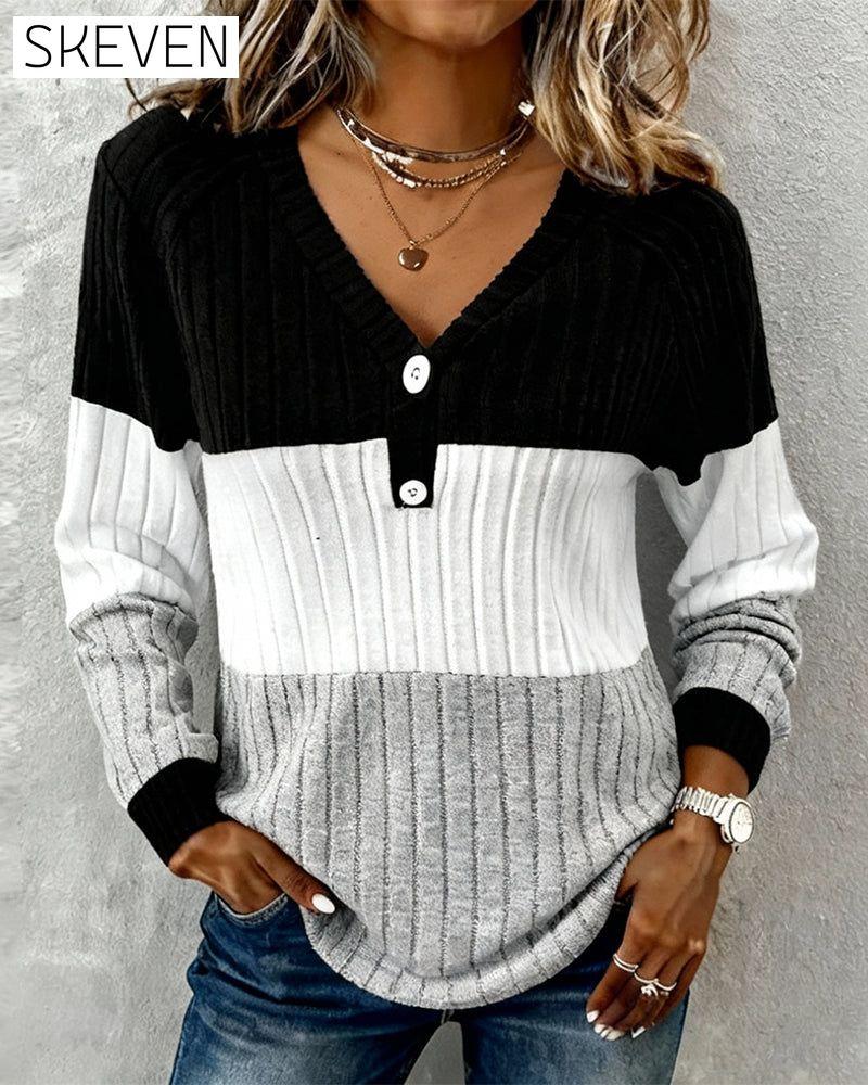 V-Neck Striped Color-Blocked Top