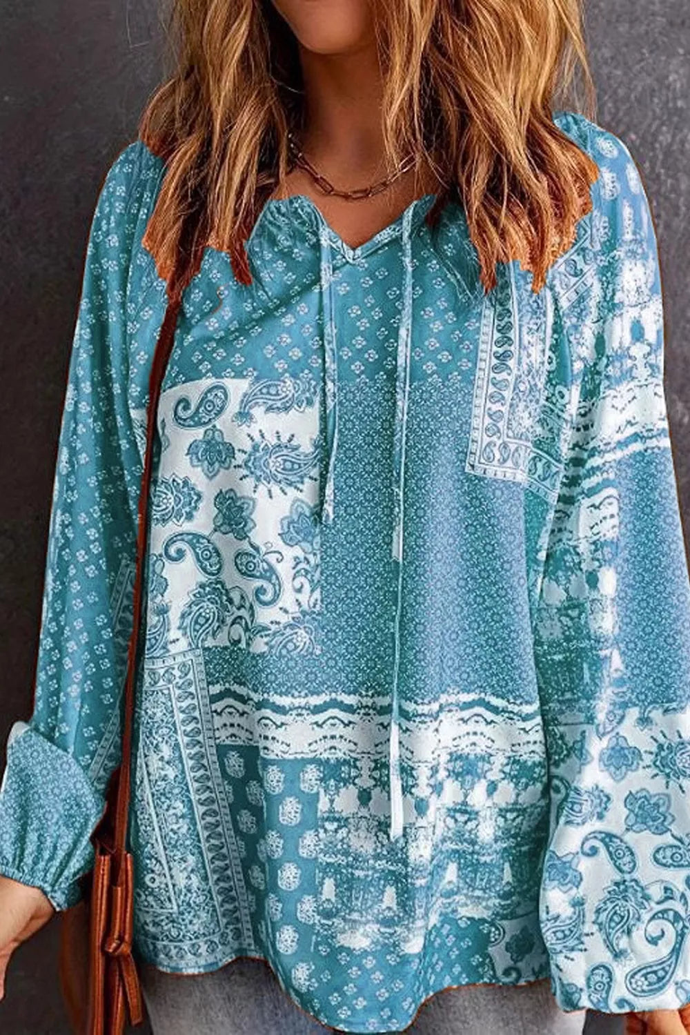 Full Size Paisley Print Tie-Neck Long Sleeve Blouse Plus Size