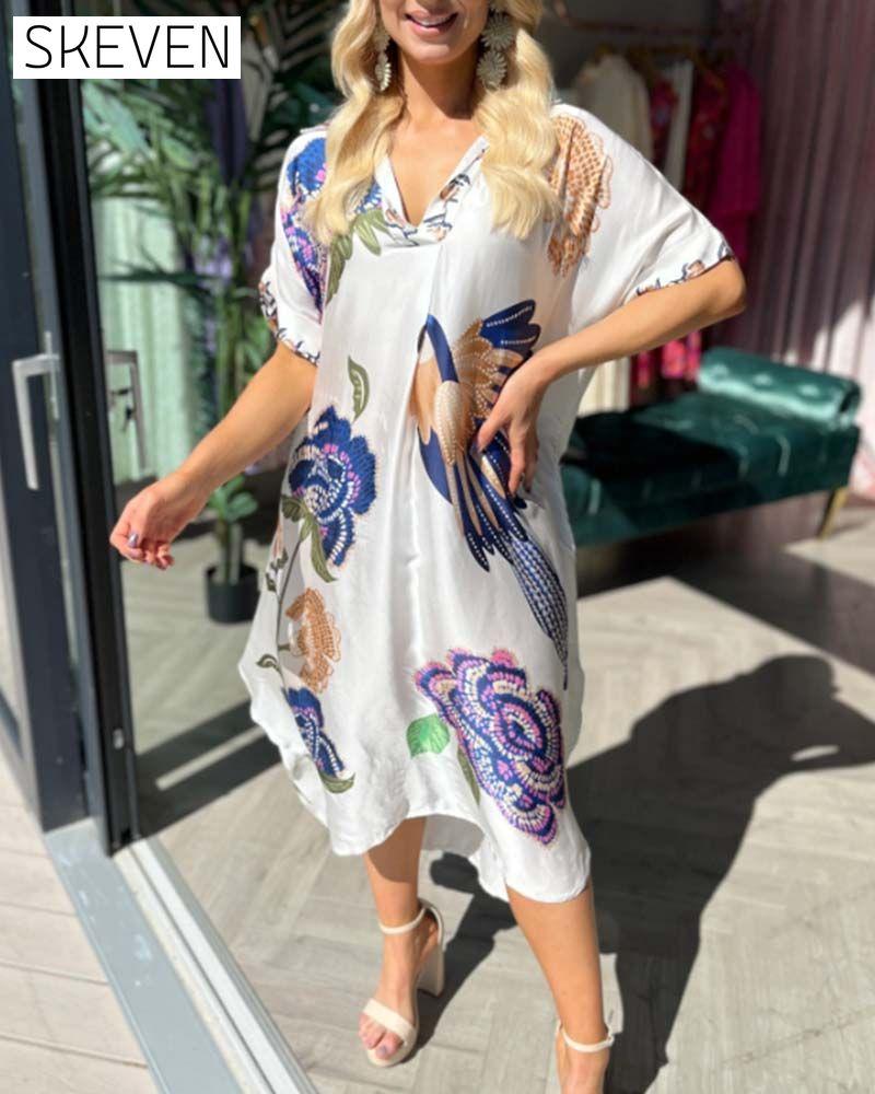 V-neck printed loose dress casual dresses summer
