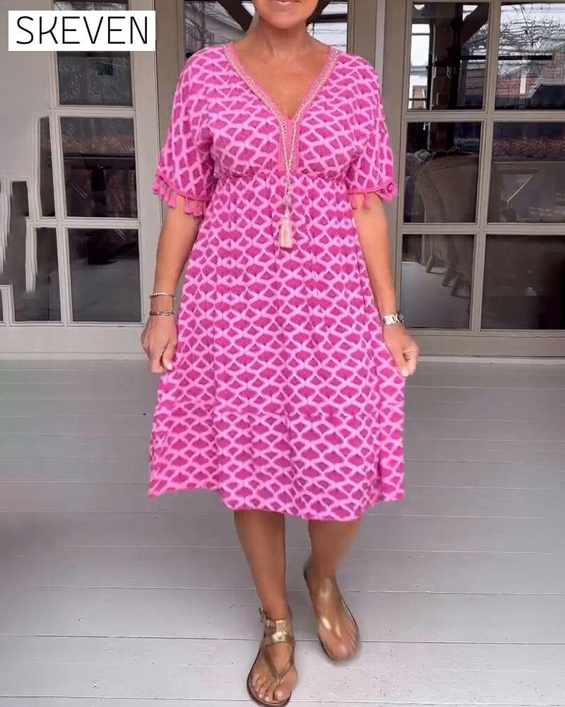 Printed v-neck fringed dress