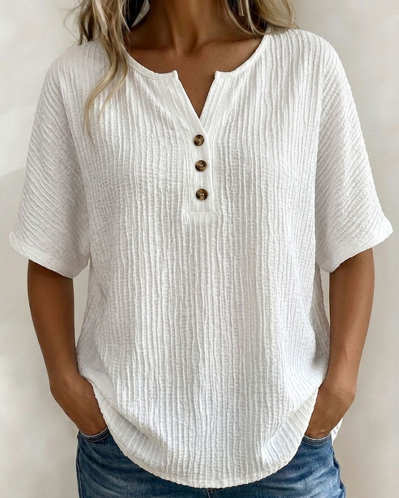 Textured Triple-Button Short Sleeve Blouse