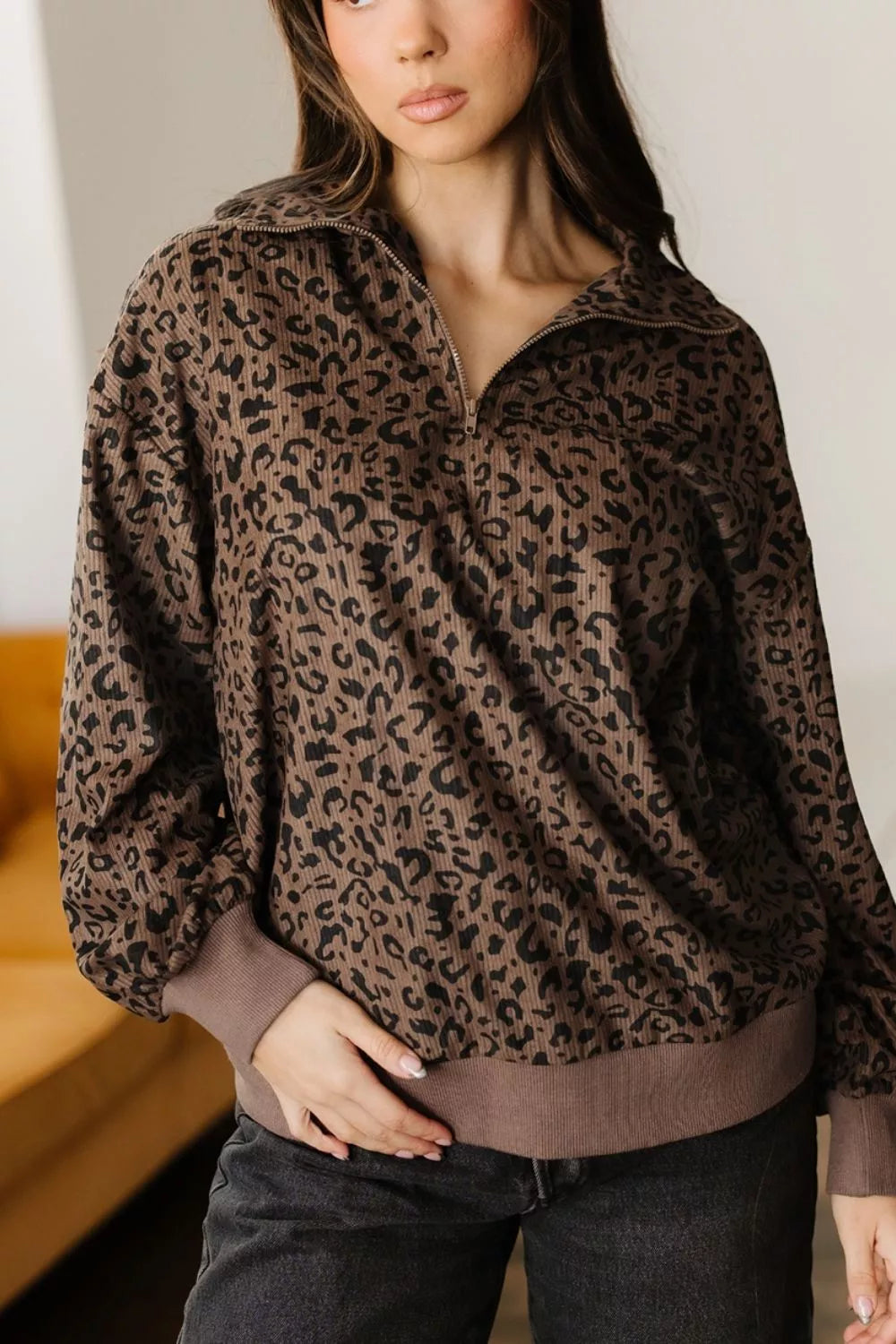 Leopard Print Quarter-Zip Sweatshirt