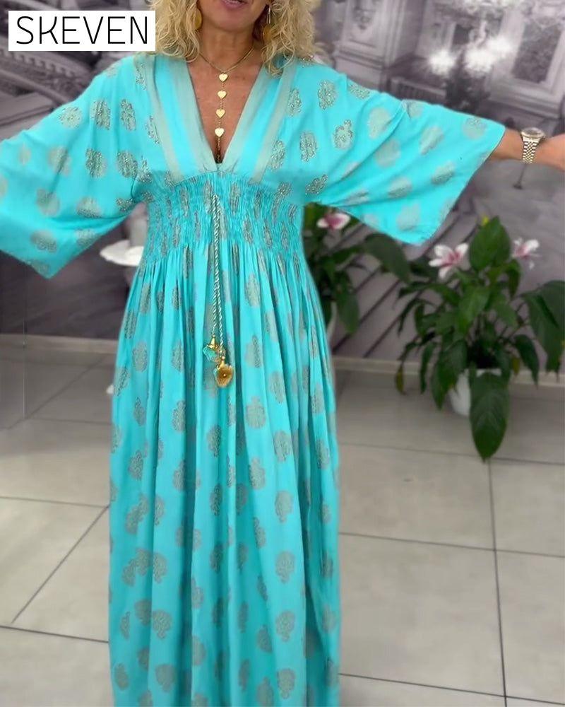 Loose Holiday Print Waist Maxi Dress