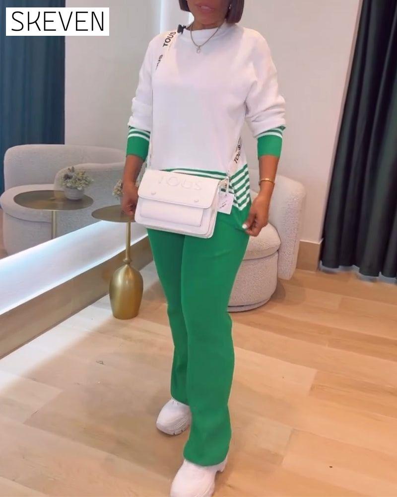 Set aus gestreiftem Pullover und Hose mit Kontrastmuster