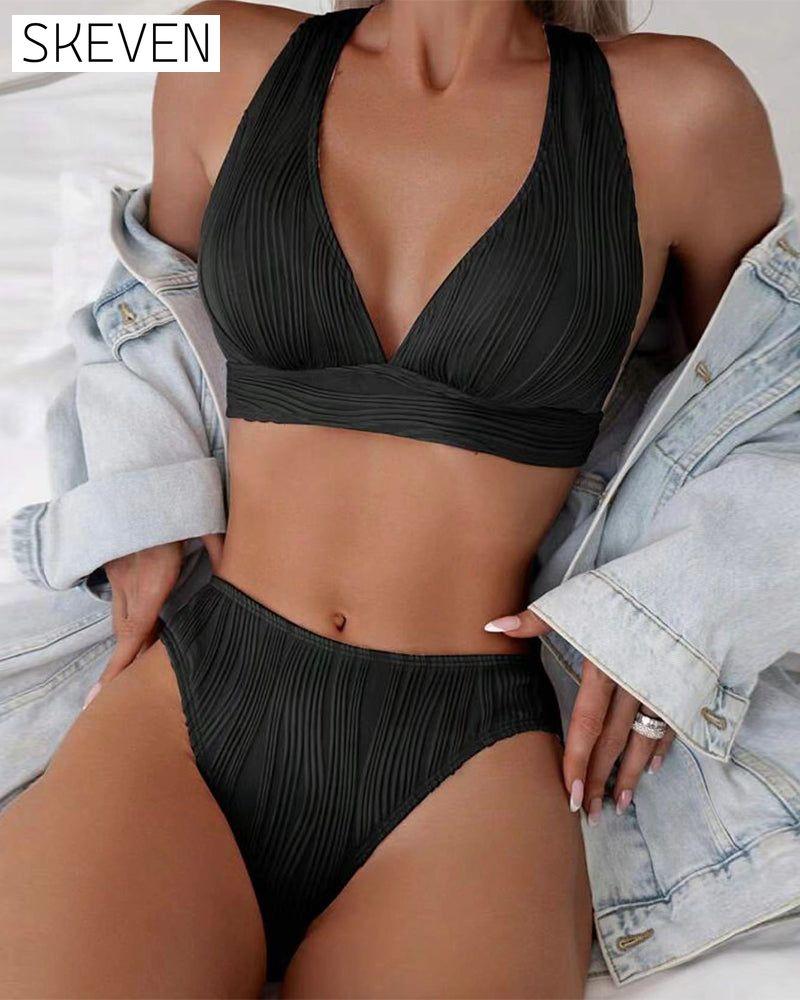 sexy Bikini in Unifarbe mit tiefem V-Ausschnitt