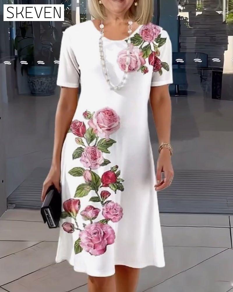 Short Sleeve Rose Print Shift Dress