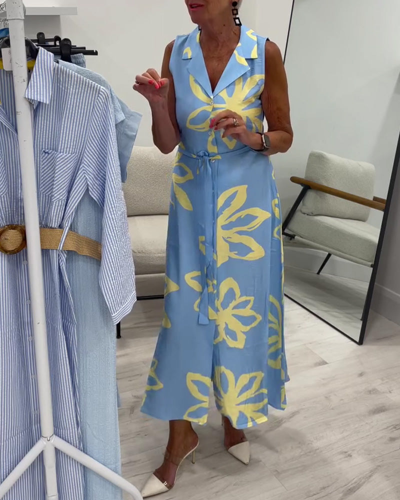 Sleeveless Lapel Lace-Up Floral Maxi Dress