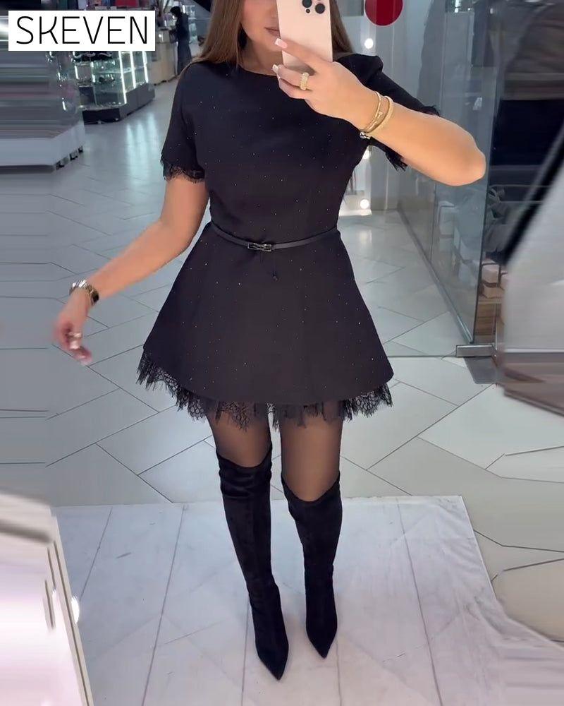 Sparkling Lace Short-Sleeve A-Line Dress