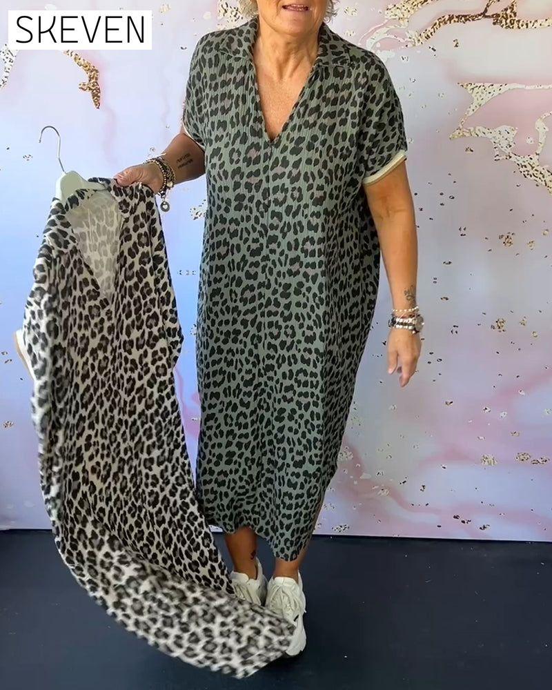 Leopardenmusterkleid mit V-Ausschnitt und kurzen Ärmeln 