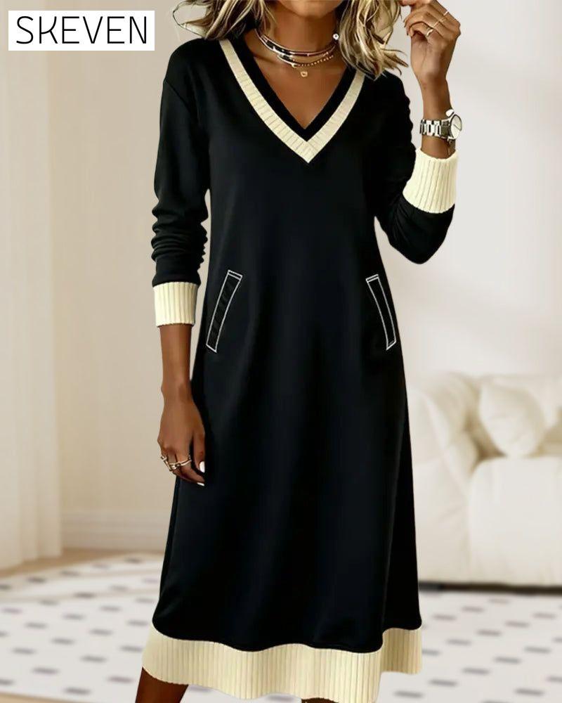 Long-Sleeved V-Neck Contrast Knit Dress