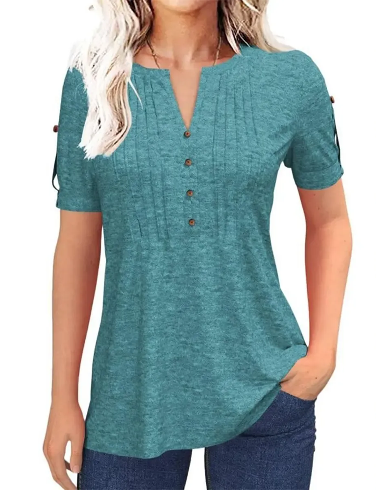 Pleated Henley Short Sleeve T-Shirt