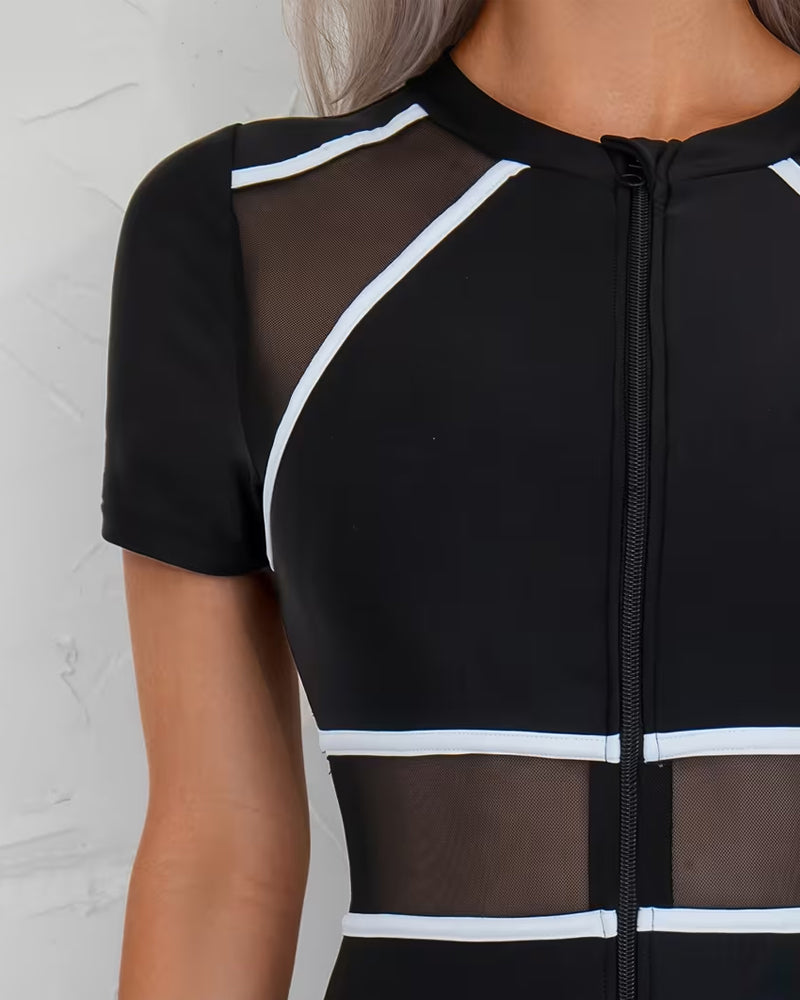 Color Block Zipper Short-Sleeve One-Piece