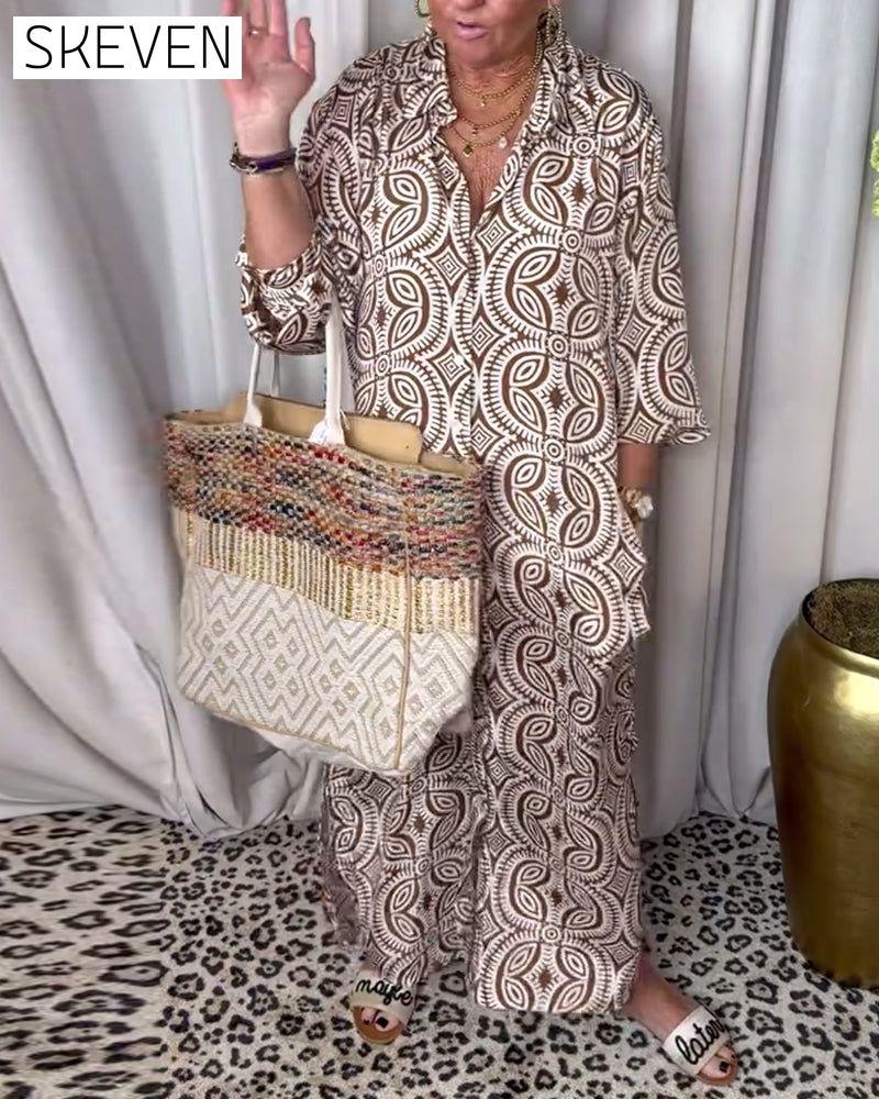 Vintage printed lapel pocket maxi dress